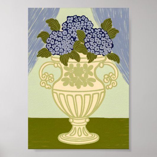 Poster Hydrangeas Bleus Élégants dans une Urne Dorée Clas (Devant)