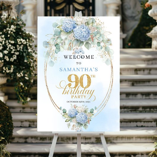 Poster Hydrangeas Bleus Pastel Or 90e anniversaire de bie