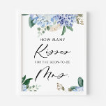 Poster Hydrangeas Combien de Baisers pour le prochain êtr<br><div class="desc">Combien de baisers pour le prochain être Mme ? Jeu amusant et facile pour vos douches nuptiales,  brunches et déjeuners. Il présente des illustrations d'aquarelle d'hydrangées bleues,  de roses blanches et de feuilles d'eucalyptus. Une carte correspondante est disponible.</div>