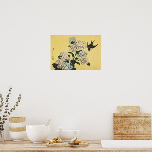 Poster Hydrangée et hirondelle par Katsushika Hokusai (Cuisine)