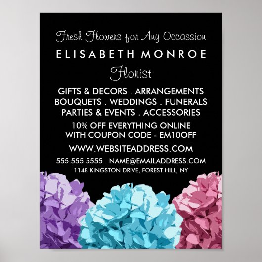 Poster Hydrangée violette, Bleue & Rose, fleuriste (Devant)