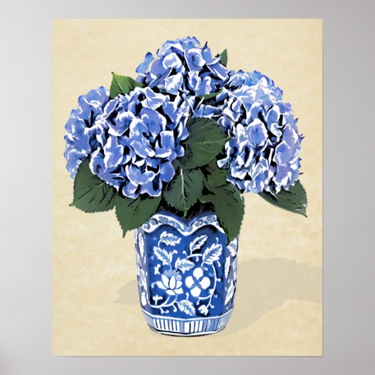 Poster Hydrangées bleues en pot bleu sur papier parchemin (Devant)