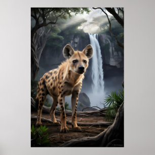 Poster hyène tachetée par cascade forestière