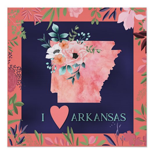 Poster I Love Arkansas, aquarelle florale, (Devant)
