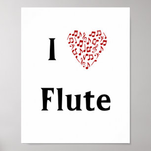 Poster I Love Flute Red Heart of Music Notes