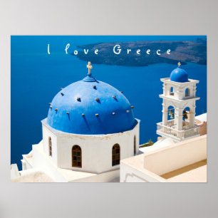 Poster I love Greece Church Santorini bleu photo et texte
