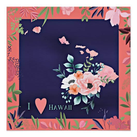 Poster I Love Hawaii, aquarelle illustration florale, (Devant)