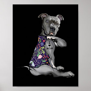 Poster I Love Maman Funny Pitbull Chien Tatouage Fleur Mè