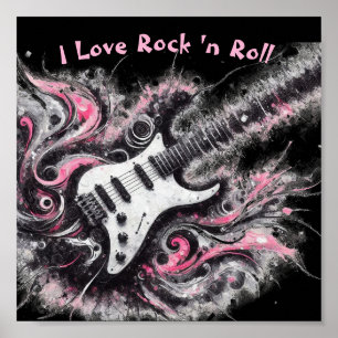 Poster I Love Rock N Roll Guitare électrique rose noir