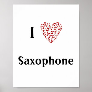Poster I Love Saxophone Red Heart of Music Notes