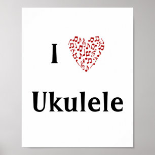 Poster I Love Ukulele Red Heart of Music Notes