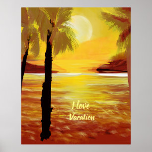 Poster I Love Vacances Coucher de soleil Océan PalmTrees