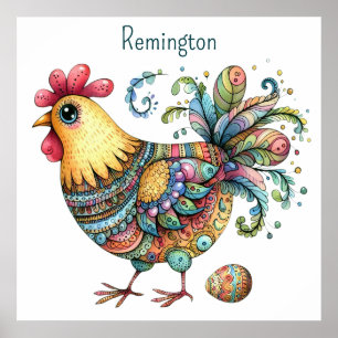 Poster IA Nursery Art Folk Art Style Poulets et Oeufs