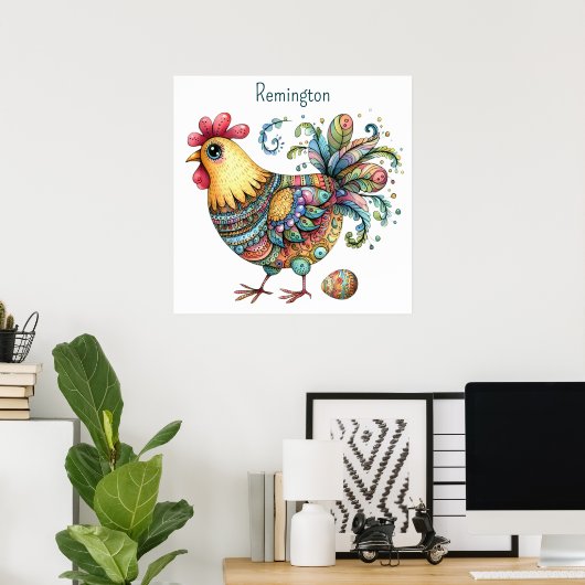 Poster IA Nursery Art Folk Art Style Poulets et Oeufs (Bureau à domicile)