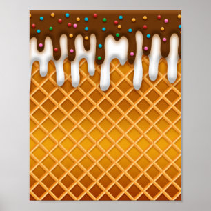 Poster Ice Cream Drip Gaufle Cone Chocolate And Vanilla