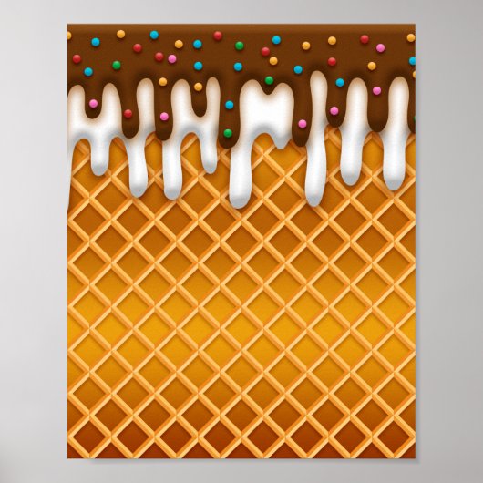 Poster Ice Cream Drip Gaufle Cone Chocolate And Vanilla (Devant)