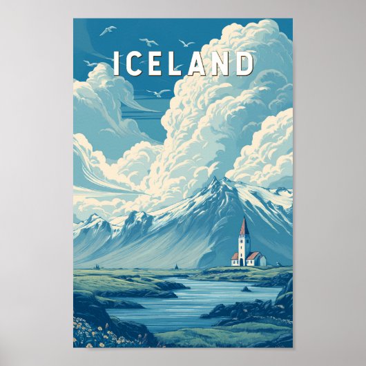 Poster Iceland Illustration Travel Art Vintage (Devant)