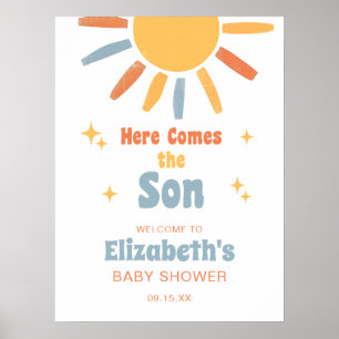 Poster Ici vient le fils Garçon Baby Shower Panneau de bi