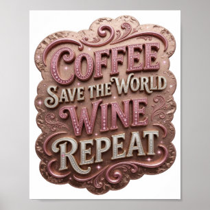 Poster Iconique Rose CAFE SAUVE LE MONDE VIN REPETE v2