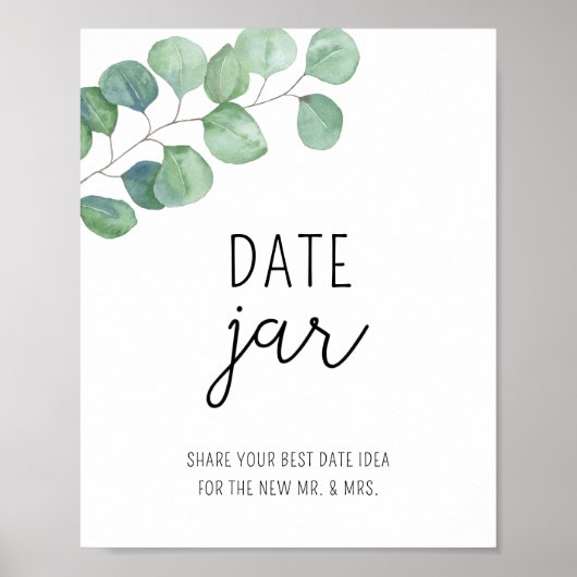 Poster Idées de soirée eucalyptus. Jeu de jar de mariage (Devant)