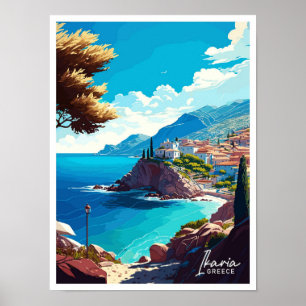Poster Ikaria Grèce Illustration Vintage Voyage