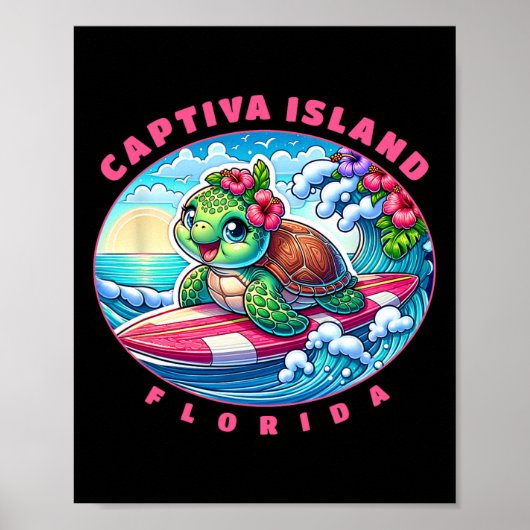 Poster Île de Captiva Floride Fille Mignonne Surfant Tort (Devant)