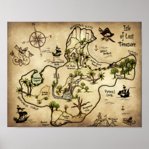 Poster Île de Lost Treasure Carte avec Jolly roger