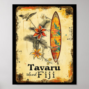 Poster Île de Tavaru Fidji Planche de surf Surfiste Plage