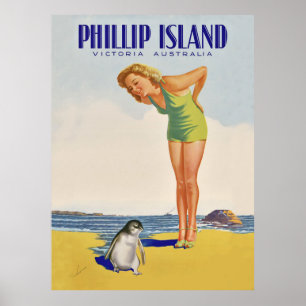 Poster Île Philip, Australie, fille avec pingouin