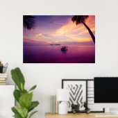 Poster Île tropicale au coucher du soleil avec un bateau (Bureau à domicile)