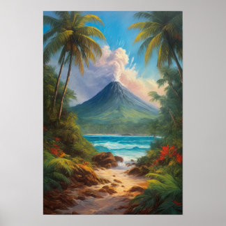 Poster Île tropicale avec volcan à la baisse