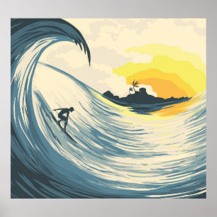 Poster Île tropicale, vague, coucher de soleil de surfer.