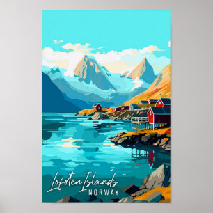 Poster Iles Lofoten Norvège illustration de voyage vintag