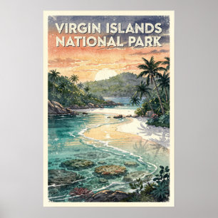 Poster Îles Vierges Parc National Watercolor Rétro