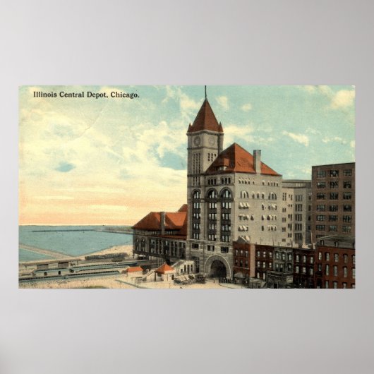 Poster Illinois Central Depot Chicago Repro Vintage 1913 (Devant)