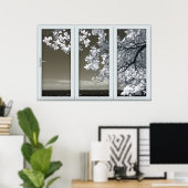 Poster Illusion de fausse fenêtre - Billet de fleurs blan (Bureau à domicile)