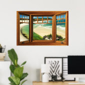 Poster Illusion de fausse fenêtre de la plage des Caraïbe (Bureau à domicile)