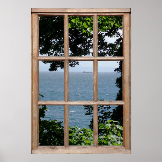 Poster Illusion de feuilles et vue mer à partir d'une fen (Devant)