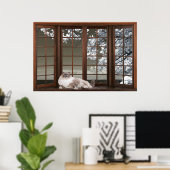 Poster Illusion de la baie vitrée avec chat sur l'affiche (Bureau à domicile)