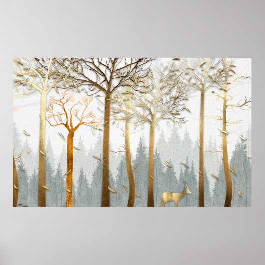 Poster illustration 3D, contours gris et or des arbres, (Devant)