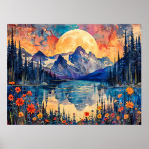 Poster Illustration aquarelle abstraite de pleine lune su