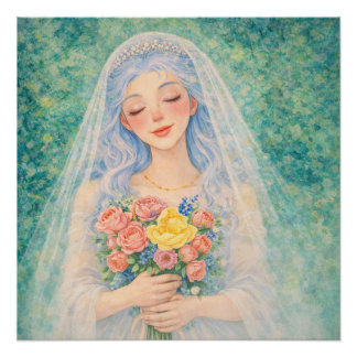 Poster Illustration aquarelle de la mariée florale rêveus