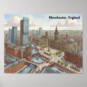 Poster Illustration aquarelle de Manchester Angleterre