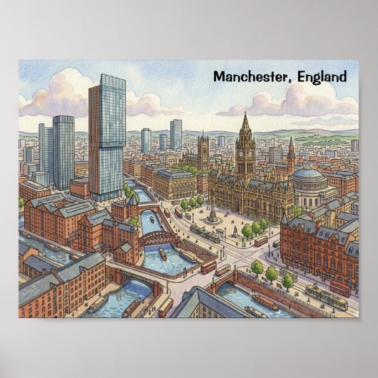 Poster Illustration aquarelle de Manchester Angleterre (Devant)
