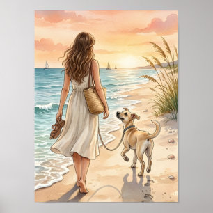 Poster Illustration aquarelle du coucher de soleil paisib
