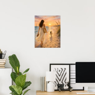 Poster Illustration aquarelle du coucher de soleil paisib