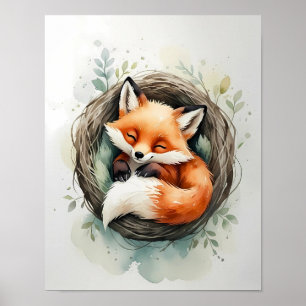 Poster Illustration aquarelle d'un nid de renard endormi 