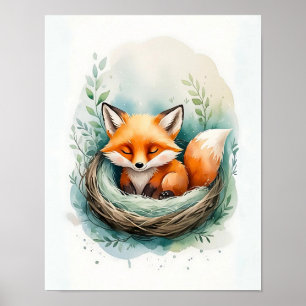 Poster Illustration aquarelle d'un renard paisible au rep