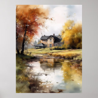 Poster Illustration aquarelle Paysage Automne Imprimer