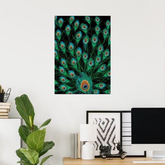 Poster Illustration avec plumes de paon sur noir (Bureau à domicile)